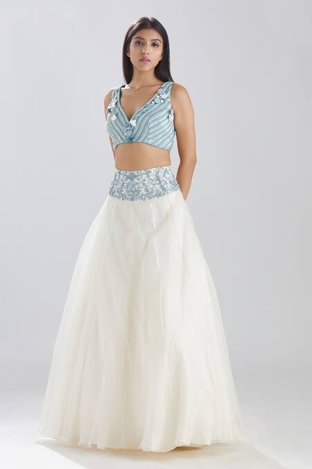 Shop_Megha Bansal_Blue Chanderi And Organza Sequins, Bugle Aria Sheer Top Lehenga Set_Online_at_Aza_Fashions