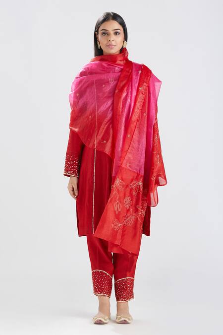 Shop Megha Bansal Red Organza, Chanderi Cut Dana, Surkh Runa Embroidered Kurta Set Online at Aza Fashions Shop_Megha Bansal_Red Organza, Chanderi Cut Dana, Surkh Runa Embroidered Kurta Set _Online_at_Aza_Fashions