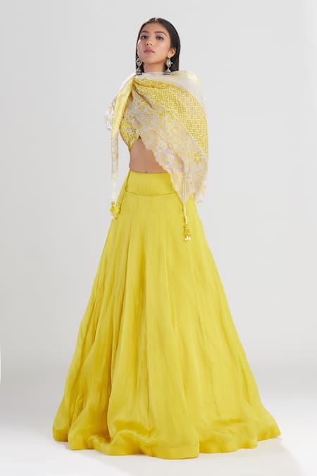 Shop Megha Bansal Yellow Satin Silk Organza Sequin, Cut Dana, Amalta Embroidered Lehenga Set Online at Aza Fashions Shop_Megha Bansal_Yellow Satin Silk Organza Sequin, Cut Dana, Amalta Embroidered Lehenga Set _Online_at_Aza_Fashions
