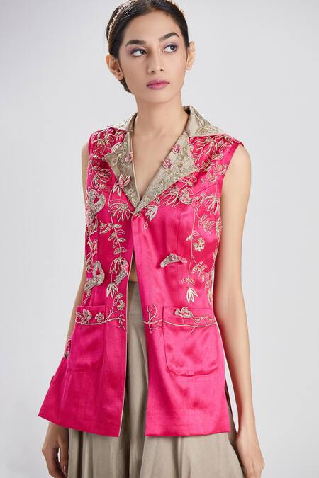 Shop_Megha Bansal_Brown Satin, Mashru Cutdana, Nargis Embroidered Short Jacket And Sharara Set_Online_at_Aza_Fashions