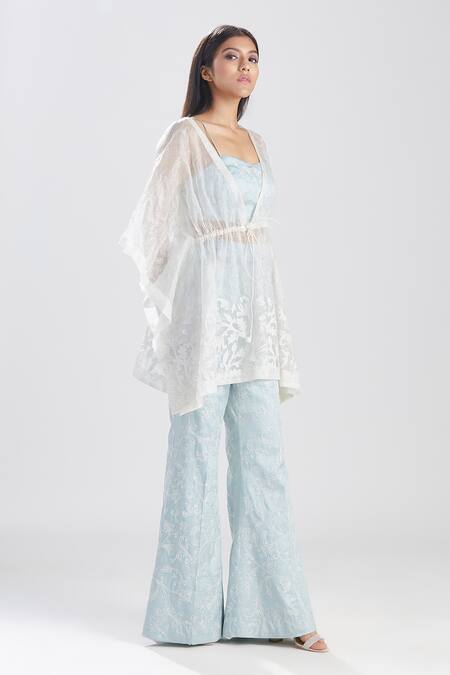 Buy_Megha Bansal_Blue Silk Organza Floral, Thread V Neck Aarish Embroidered Kaftan And Pant Set_Online_at_Aza_Fashions