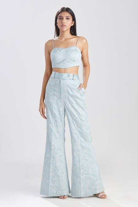 Megha Bansal_Blue Silk Organza Floral, Thread V Neck Aarish Embroidered Kaftan And Pant Set_at_Aza_Fashions