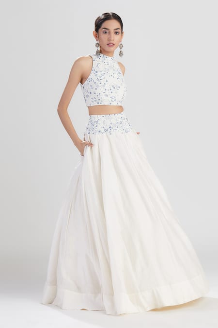 Megha Bansal Blue Chanderi And Organza Cutdana, Thread & Zainaab Short Lehenga Set Online at Aza Fashions Megha Bansal_Blue Chanderi And Organza Cutdana, Thread & Zainaab Short Lehenga Set_Online_at_Aza_Fashions