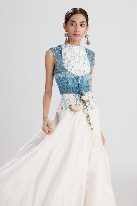 Shop Megha Bansal Blue Chanderi And Organza Cutdana, Thread & Zainaab Short Lehenga Set Online at Aza Fashions Shop_Megha Bansal_Blue Chanderi And Organza Cutdana, Thread & Zainaab Short Lehenga Set_Online_at_Aza_Fashions