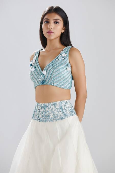Megha Bansal_Blue Chanderi And Organza Sequins, Bugle Aria Sheer Top Lehenga Set_at_Aza_Fashions