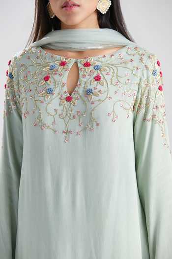 Shop_Megha Bansal_Blue Tulle, Chiffon Floral Pattern Round Adya Embroidered Bodice Kurta Set _Online_at_Aza_Fashions