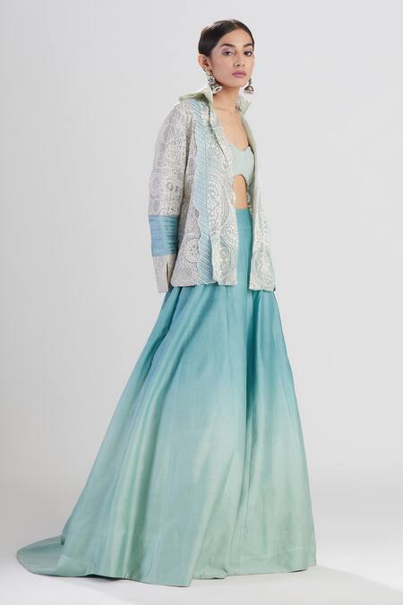 Buy_Megha Bansal_Blue Organza, Chanderi Geometric Patterns Noor Coat Ombre Lehenga Set_Online_at_Aza_Fashions