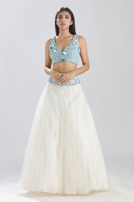 Buy_Megha Bansal_Blue Chanderi And Organza Sequins, Bugle Aria Sheer Top Lehenga Set_Online_at_Aza_Fashions
