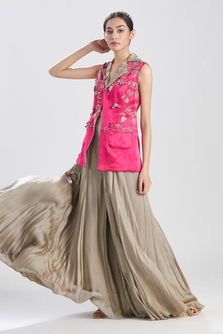 Megha Bansal_Brown Satin, Mashru Cutdana, Nargis Embroidered Short Jacket And Sharara Set_Online_at_Aza_Fashions