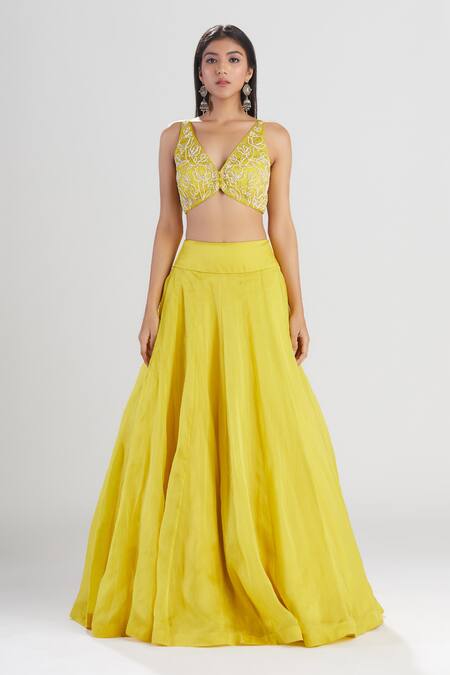 Megha Bansal Yellow Satin Silk Organza Sequin, Cut Dana, Amalta Embroidered Lehenga Set Online at Aza Fashions Megha Bansal_Yellow Satin Silk Organza Sequin, Cut Dana, Amalta Embroidered Lehenga Set _Online_at_Aza_Fashions