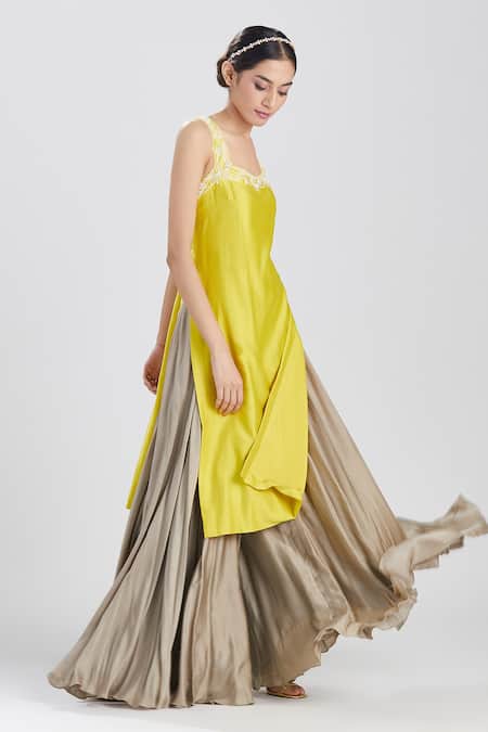 Shop_Megha Bansal_Green Silk Chanderi And Satin Thread & Beads Lima Strappy Kurta & Sharara Set _Online_at_Aza_Fashions