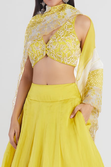 Megha Bansal Yellow Satin Silk Organza Sequin, Cut Dana, Amalta Embroidered Lehenga Set at Aza Fashions Megha Bansal_Yellow Satin Silk Organza Sequin, Cut Dana, Amalta Embroidered Lehenga Set _at_Aza_Fashions