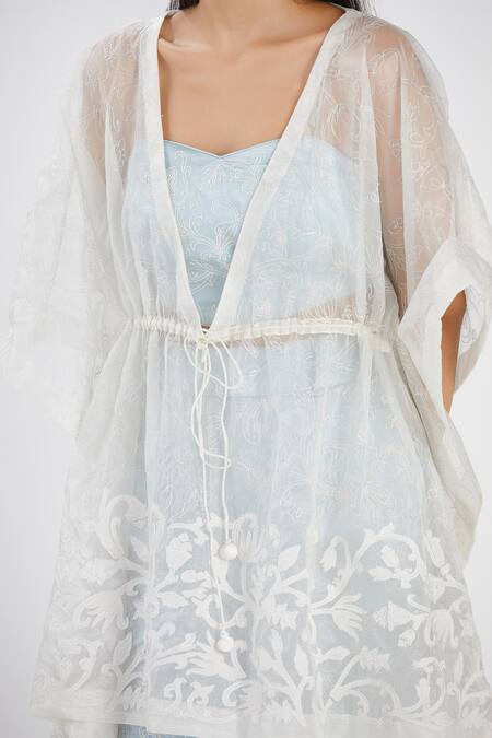 Shop_Megha Bansal_Blue Silk Organza Floral, Thread V Neck Aarish Embroidered Kaftan And Pant Set_Online_at_Aza_Fashions