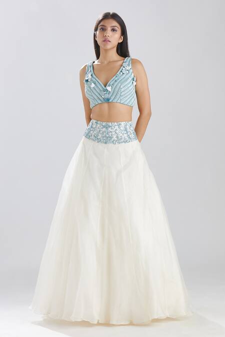 Megha Bansal_Blue Chanderi And Organza Sequins, Bugle Aria Sheer Top Lehenga Set_Online_at_Aza_Fashions