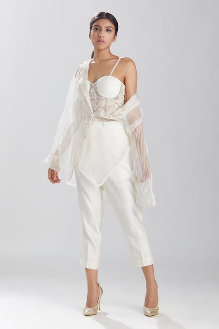 Megha Bansal Ivory Tulle, Chanderi, Silk Organza Thread Work Motia Azra Embroidered Pant Set at Aza Fashions Megha Bansal_Ivory Tulle, Chanderi, Silk Organza Thread Work Motia Azra Embroidered Pant Set _at_Aza_Fashions