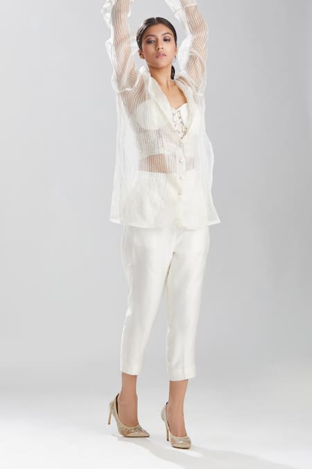 Megha Bansal Ivory Silk Organza Thread Work Lapel Collar Motia Azra Embroidered Shirt Online at Aza Fashions Megha Bansal_Ivory Silk Organza Thread Work Lapel Collar Motia Azra Embroidered Shirt _Online_at_Aza_Fashions