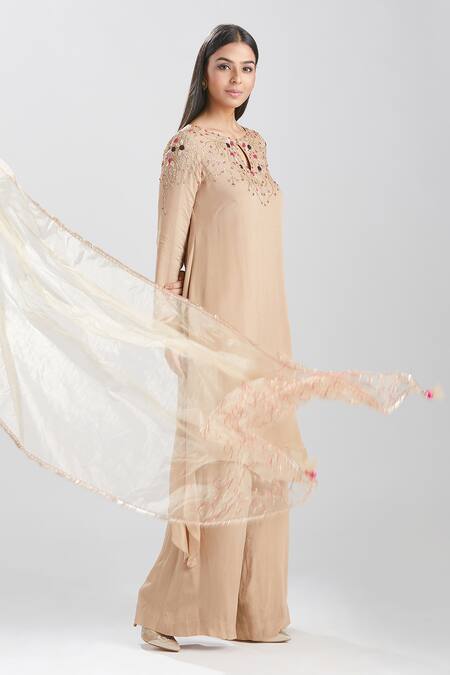 Shop Megha Bansal Brown Tulle, Chiffon Floral Pattern Round Adya Embroidered Bodice Kurta Set Online at Aza Fashions Shop_Megha Bansal_Brown Tulle, Chiffon Floral Pattern Round Adya Embroidered Bodice Kurta Set_Online_at_Aza_Fashions
