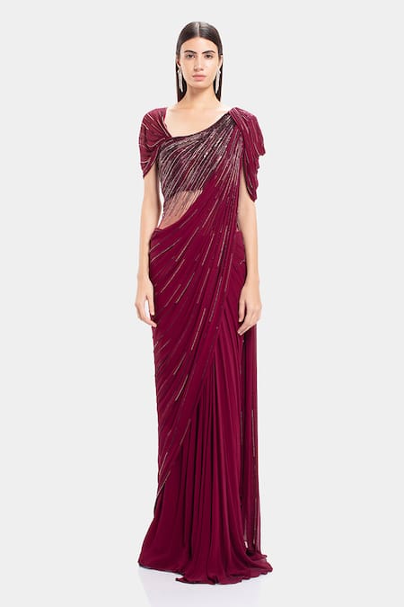 Gaurav Gupta Maroon Silk Georgette Pre-draped Embroidered Saree Gown