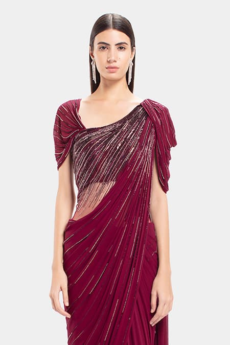Shop_Gaurav Gupta_Maroon Silk Georgette Pre-draped Embroidered Saree Gown_Online_at_Aza_Fashions
