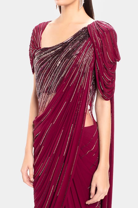 Gaurav Gupta_Maroon Silk Georgette Pre-draped Embroidered Saree Gown_at_Aza_Fashions