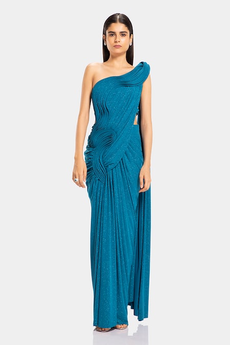 Buy Gaurav Gupta Blue Sparkle Jersey Pre-draped One Shoulder Saree Gown Online at Aza Fashions Buy_Gaurav Gupta_Blue Sparkle Jersey Pre-draped One Shoulder Saree Gown_Online_at_Aza_Fashions