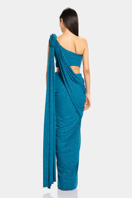 Shop Gaurav Gupta Blue Sparkle Jersey Pre-draped One Shoulder Saree Gown at Aza Fashions Shop_Gaurav Gupta_Blue Sparkle Jersey Pre-draped One Shoulder Saree Gown_at_Aza_Fashions