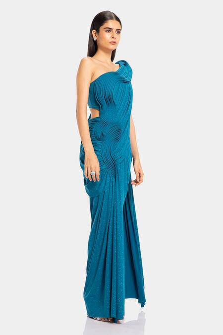 Gaurav Gupta Blue Sparkle Jersey Pre-draped One Shoulder Saree Gown Online at Aza Fashions Gaurav Gupta_Blue Sparkle Jersey Pre-draped One Shoulder Saree Gown_Online_at_Aza_Fashions