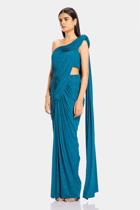 Gaurav Gupta Blue Sparkle Jersey Pre-draped One Shoulder Saree Gown