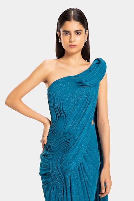 Shop Gaurav Gupta Blue Sparkle Jersey Pre-draped One Shoulder Saree Gown Online at Aza Fashions Shop_Gaurav Gupta_Blue Sparkle Jersey Pre-draped One Shoulder Saree Gown_Online_at_Aza_Fashions