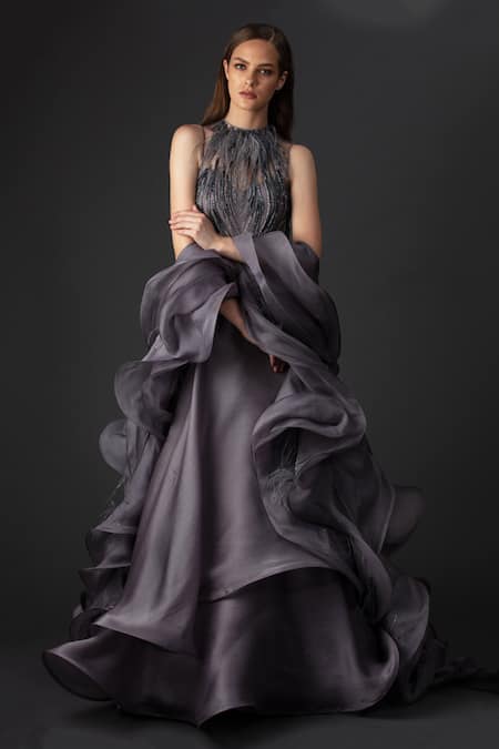 Gaurav Gupta Grey Silk Organza Ruffle Gown With Dupatta