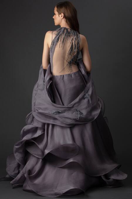 Shop Gaurav Gupta Grey Silk Organza Ruffle Gown With Dupatta at Aza Fashions Shop_Gaurav Gupta_Grey Silk Organza Ruffle Gown With Dupatta_at_Aza_Fashions