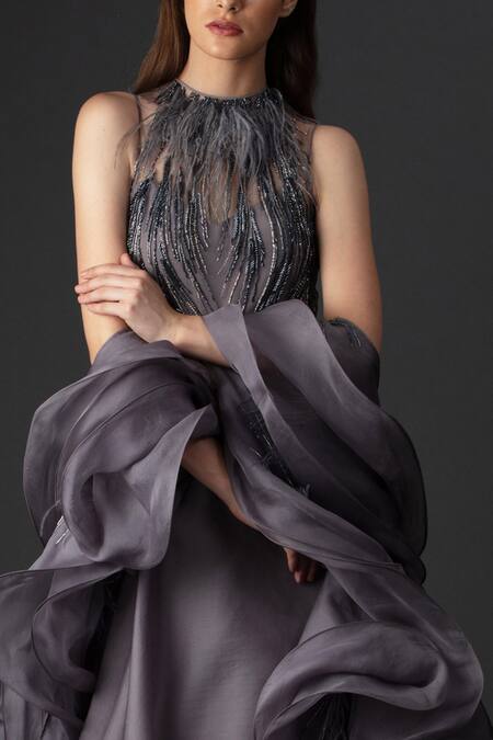 Gaurav Gupta Grey Silk Organza Ruffle Gown With Dupatta Online at Aza Fashions Gaurav Gupta_Grey Silk Organza Ruffle Gown With Dupatta_Online_at_Aza_Fashions