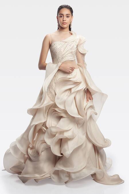 Gaurav Gupta White Silk Organza Ruffle Gown With Dupatta