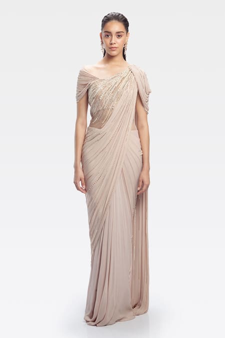 Gaurav Gupta Beige Silk Georgette Pre-draped Embroidered Saree Gown