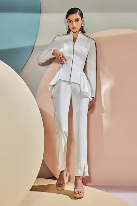 Label Deepika Nagpal White 23% Viscose, 3% Elastane, Luxury Heavy Crepe Asymmetric Top And Pant Set 