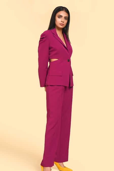 Shop_Label Deepika Nagpal_Pink 23% Viscose, 3% Elastane, Luxury Heavy Crepe 74% Cut-out Detailed Pant Set_at_Aza_Fashions