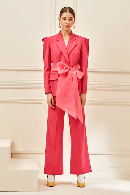 Label Deepika Nagpal Pink 23% Viscose, 3% Elastane, Luxury Heavy Crepe 74% Knotted Blazer And Pant Set Online at Aza Fashions Label Deepika Nagpal_Pink 23% Viscose, 3% Elastane, Luxury Heavy Crepe 74% Knotted Blazer And Pant Set _Online_at_Aza_Fashions