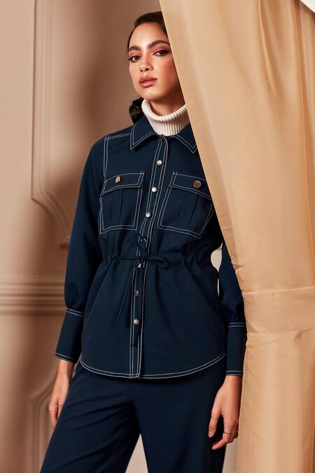 Label Deepika Nagpal Blue 23% Viscose, 3% Elastane, Luxury Heavy Crepe 74% Tie-up Shirt And Pant Set Online at Aza Fashions Label Deepika Nagpal_Blue 23% Viscose, 3% Elastane, Luxury Heavy Crepe 74% Tie-up Shirt And Pant Set _Online_at_Aza_Fashions