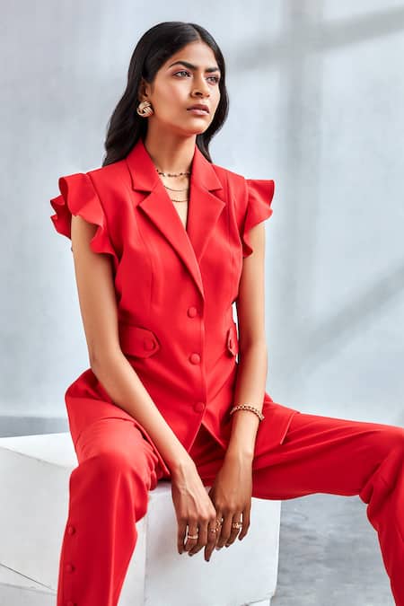 Label Deepika Nagpal Red 23% Viscose, 3% Elastane, Luxury Heavy Crepe Frill Sleeve Blazer And Pant Set Online at Aza Fashions Label Deepika Nagpal_Red 23% Viscose, 3% Elastane, Luxury Heavy Crepe Frill Sleeve Blazer And Pant Set _Online_at_Aza_Fashions