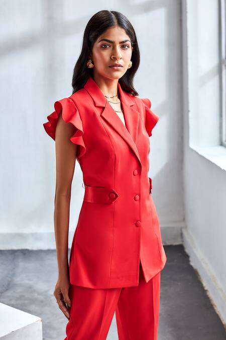 Buy Label Deepika Nagpal Red 23% Viscose, 3% Elastane, Luxury Heavy Crepe Frill Sleeve Blazer And Pant Set Online at Aza Fashions Buy_Label Deepika Nagpal_Red 23% Viscose, 3% Elastane, Luxury Heavy Crepe Frill Sleeve Blazer And Pant Set _Online_at_Aza_Fashions