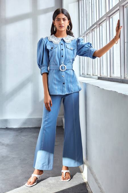 Label Deepika Nagpal Blue Heavy Cotton Twill Lycra Peter Pan Collar Shirt And Set