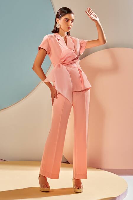 Shop_Label Deepika Nagpal_Peach 23% Viscose, 3% Elastane, Luxury Heavy Crepe 74% Tie-up Blazer And Pant Set _at_Aza_Fashions