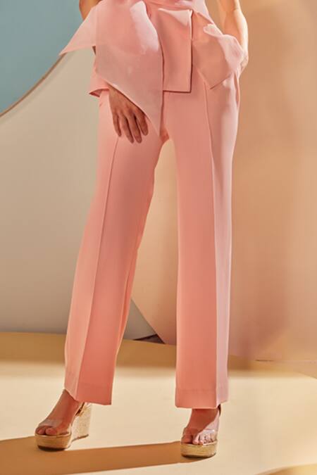 Buy_Label Deepika Nagpal_Peach 23% Viscose, 3% Elastane, Luxury Heavy Crepe 74% Tie-up Blazer And Pant Set _Online_at_Aza_Fashions
