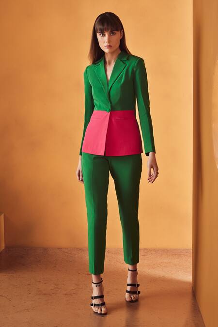 Shop Label Deepika Nagpal Green 23% Viscose, 3% Elastane, 74% Polyester Color Block Balzer And Pant Set at Aza Fashions Shop_Label Deepika Nagpal_Green 23% Viscose, 3% Elastane, 74% Polyester Color Block Balzer And Pant Set_at_Aza_Fashions