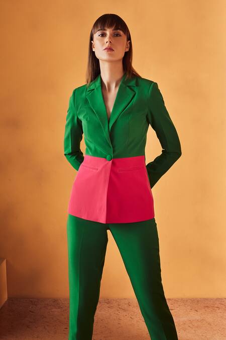 Label Deepika Nagpal Green 23% Viscose, 3% Elastane, 74% Polyester Color Block Balzer And Pant Set Online at Aza Fashions Label Deepika Nagpal_Green 23% Viscose, 3% Elastane, 74% Polyester Color Block Balzer And Pant Set_Online_at_Aza_Fashions