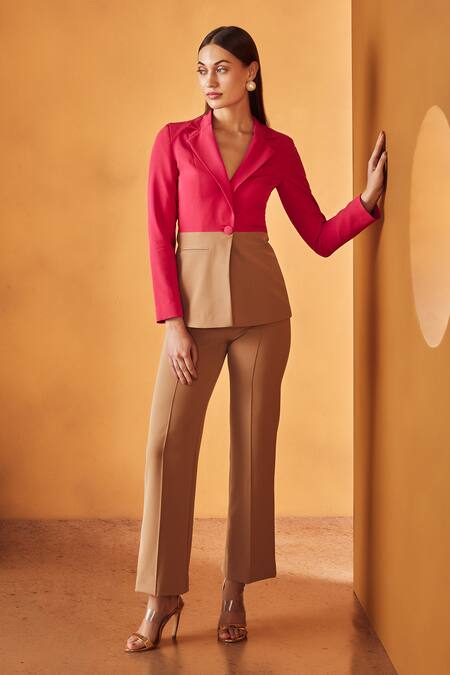 Shop Label Deepika Nagpal Beige 23% Viscose, 3% Elastane, 74% Polyester Notched Lapel Color Block Pant Set at Aza Fashions Shop_Label Deepika Nagpal_Beige 23% Viscose, 3% Elastane, 74% Polyester Notched Lapel Color Block Pant Set_at_Aza_Fashions