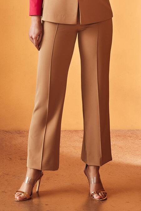 Buy Label Deepika Nagpal Beige 23% Viscose, 3% Elastane, 74% Polyester Notched Lapel Color Block Pant Set Online at Aza Fashions Buy_Label Deepika Nagpal_Beige 23% Viscose, 3% Elastane, 74% Polyester Notched Lapel Color Block Pant Set_Online_at_Aza_Fashions