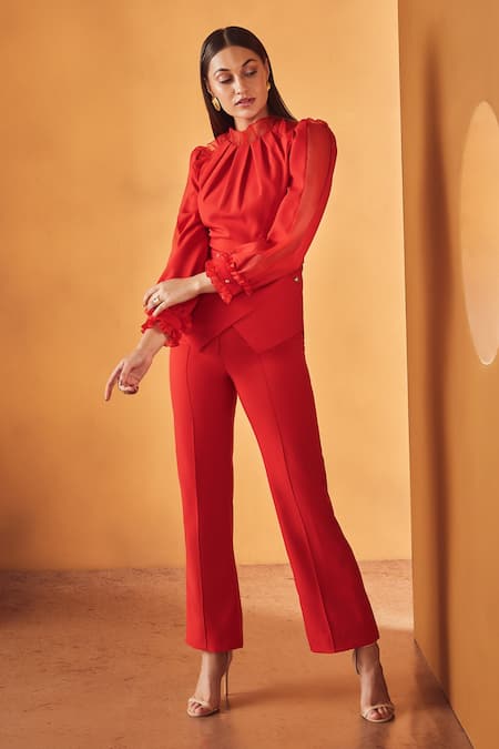 Label Deepika Nagpal Red 23% Viscose, 3% Elastane, 74% Polyester High Neck Frill Top And Pant Set Online at Aza Fashions Label Deepika Nagpal_Red 23% Viscose, 3% Elastane, 74% Polyester High Neck Frill Top And Pant Set _Online_at_Aza_Fashions