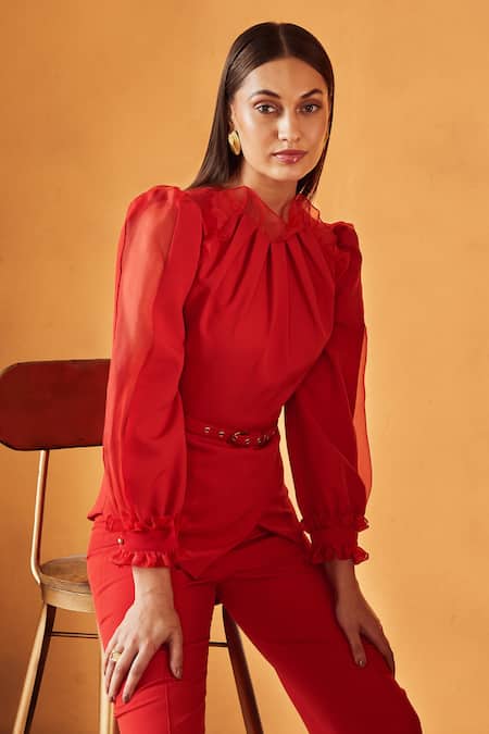 Buy Label Deepika Nagpal Red 23% Viscose, 3% Elastane, 74% Polyester High Neck Frill Top And Pant Set Online at Aza Fashions Buy_Label Deepika Nagpal_Red 23% Viscose, 3% Elastane, 74% Polyester High Neck Frill Top And Pant Set _Online_at_Aza_Fashions