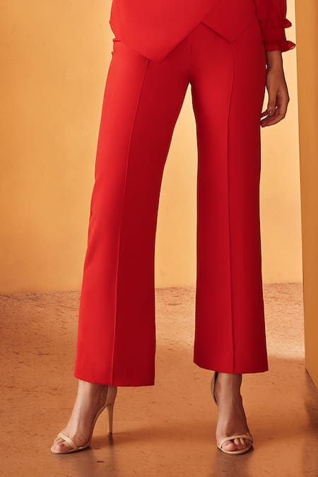 Shop Label Deepika Nagpal Red 23% Viscose, 3% Elastane, 74% Polyester High Neck Frill Top And Pant Set Online at Aza Fashions Shop_Label Deepika Nagpal_Red 23% Viscose, 3% Elastane, 74% Polyester High Neck Frill Top And Pant Set _Online_at_Aza_Fashions